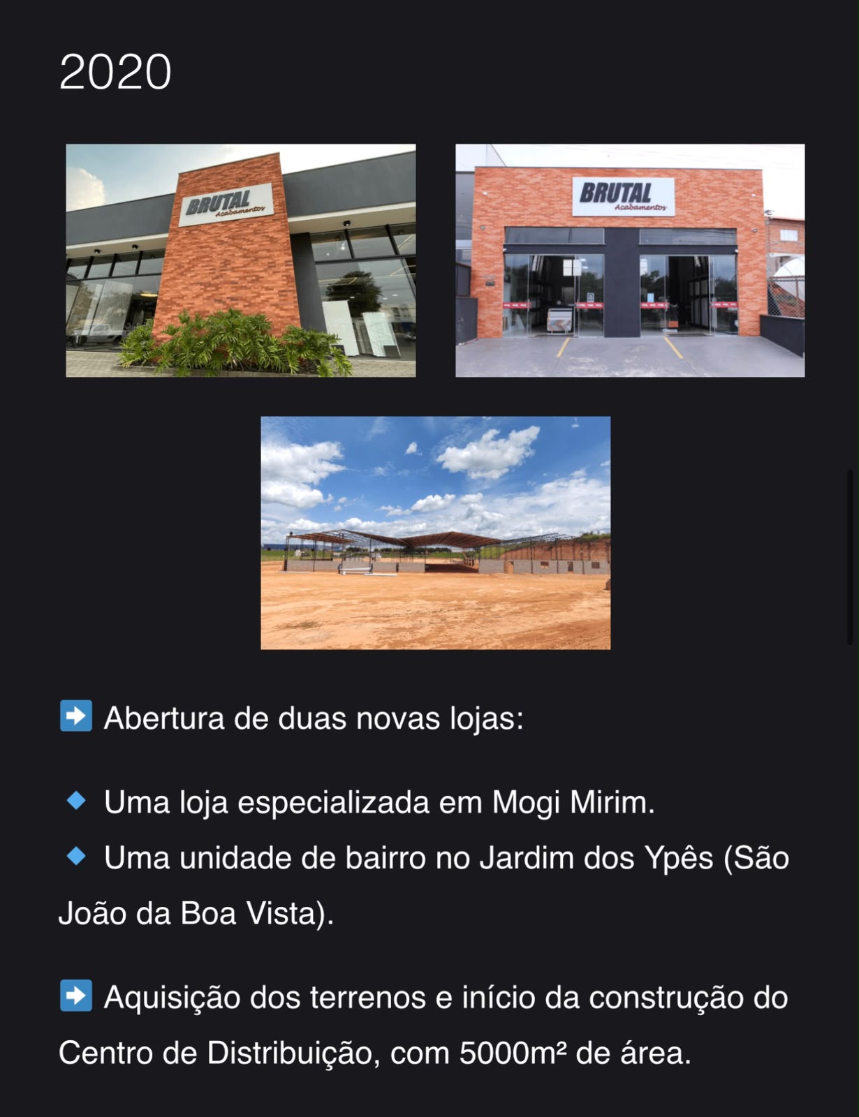Montagem de 2020 com as fachadas das novas lojas de Mogi Mirim e do Jardim dos Ypês e a obra do Centro de Distribuição.